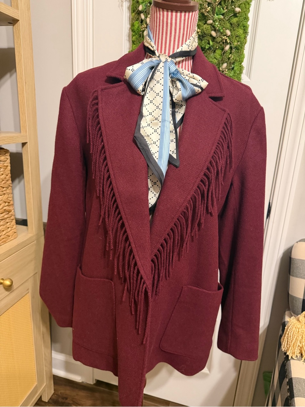 Loft Fringe-Trim Wool-Blend Blazer Jacket in Burgundy L, NWT - Picture 3 of 5